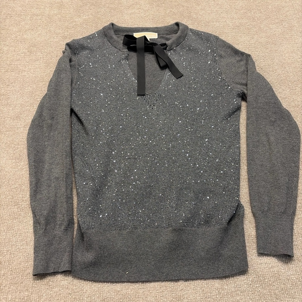 Michael Kors Gray V-Neck Sweater with Bow 1706